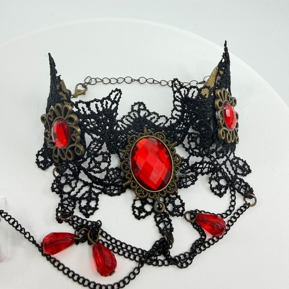 Gothic Red Crystal Lace Slave Bracelet Ring Set - Victorian Dark Jewelry